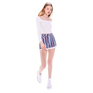 Urban Outfitters BDG High Waist Mom Red White Blue Stripe Cuffed Denim Shorts 27